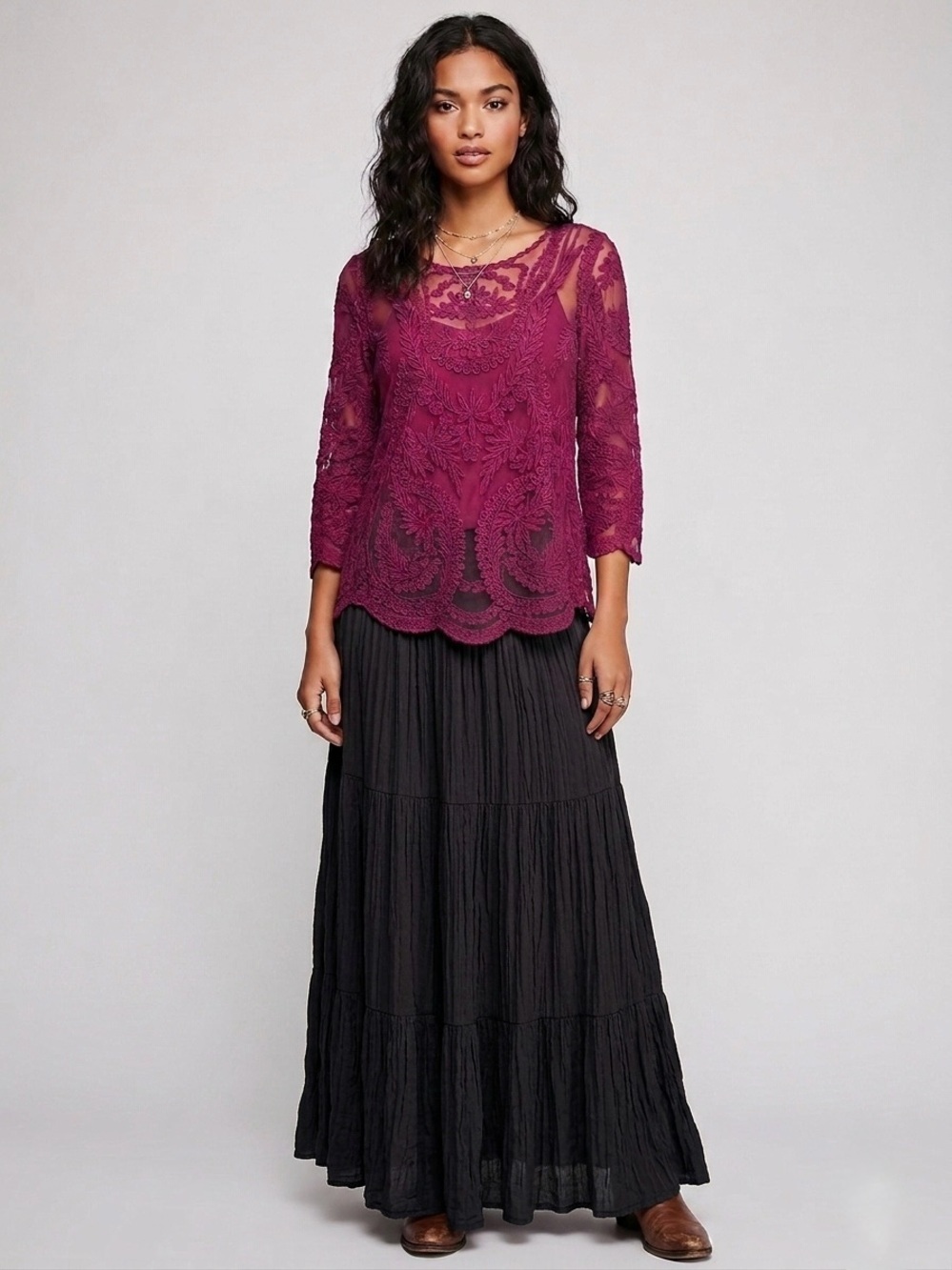 Mascara Maroon Magenta Embroidered Lace Sheer Boho Whimsigoth Peasant Top L